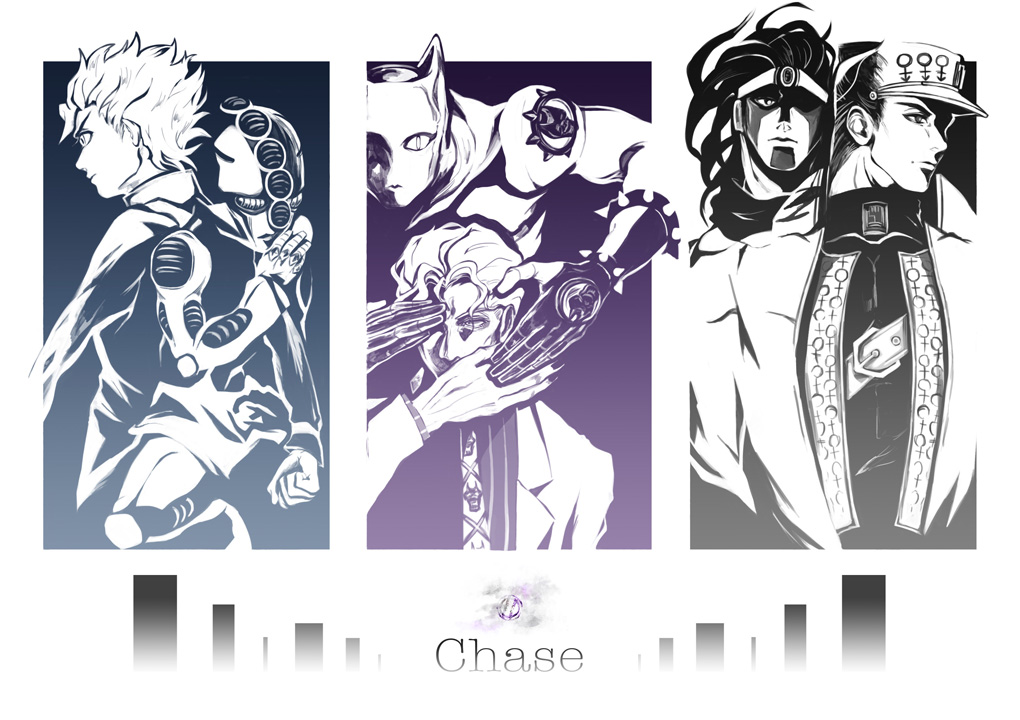 3boys bad_id bad_pixiv_id belt coat echoes_(stand) echoes_act3 formal_clothes hat hirose_koichi jojo_no_kimyou_na_bouken killer_queen kira_yoshikage kuujou_joutarou male_focus mizudama monochrome multiple_boys necktie profile stand_(jojo) star_platinum suit turtleneck