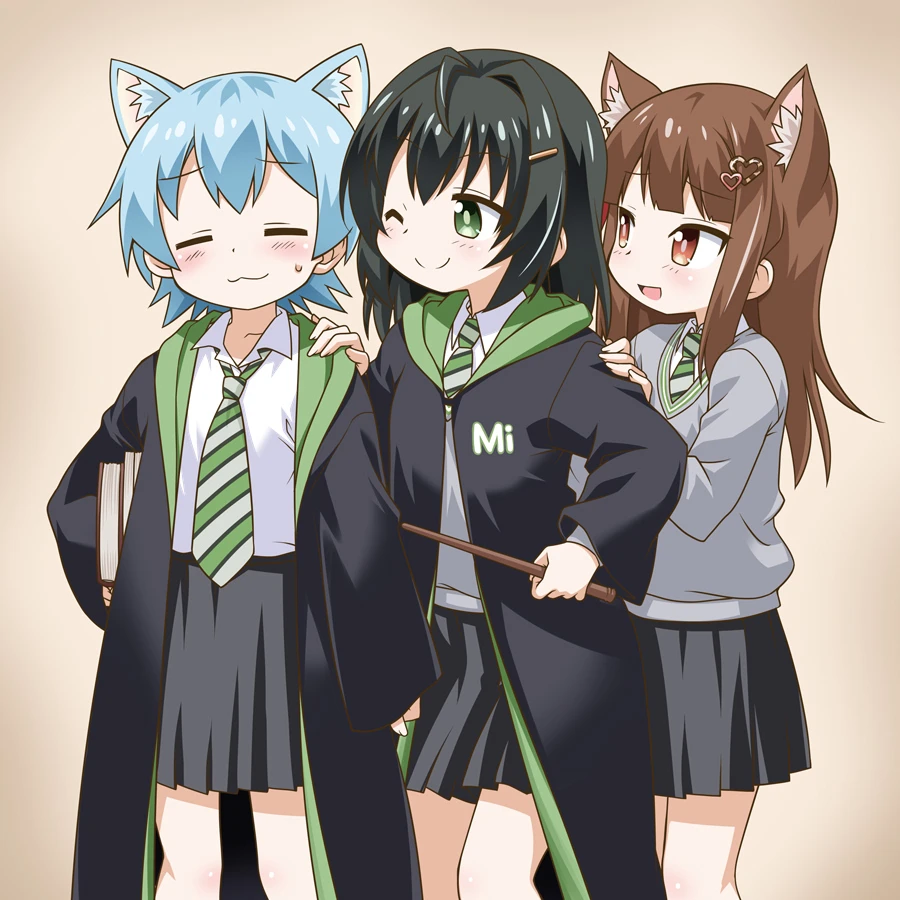 1boy 2girls ahoge akou_roushi animal_ears black_hair blue_hair blush book borrowed_character brown_hair cat_boy cat_ears cloak closed_eyes cosplay green_necktie hair_intakes hair_ornament hairclip hand_on_another&#039;s_shoulder harry_potter_(series) heart heart-shaped_hair hogwarts_school_uniform holding holding_book holding_wand long_hair misskey.io multiple_girls murakami-san_(misskey.io) necktie original school_uniform shirt short_hair simple_background skirt smile striped_necktie sweatdrop trap wand webp-to-png_conversion white_shirt wizarding_world