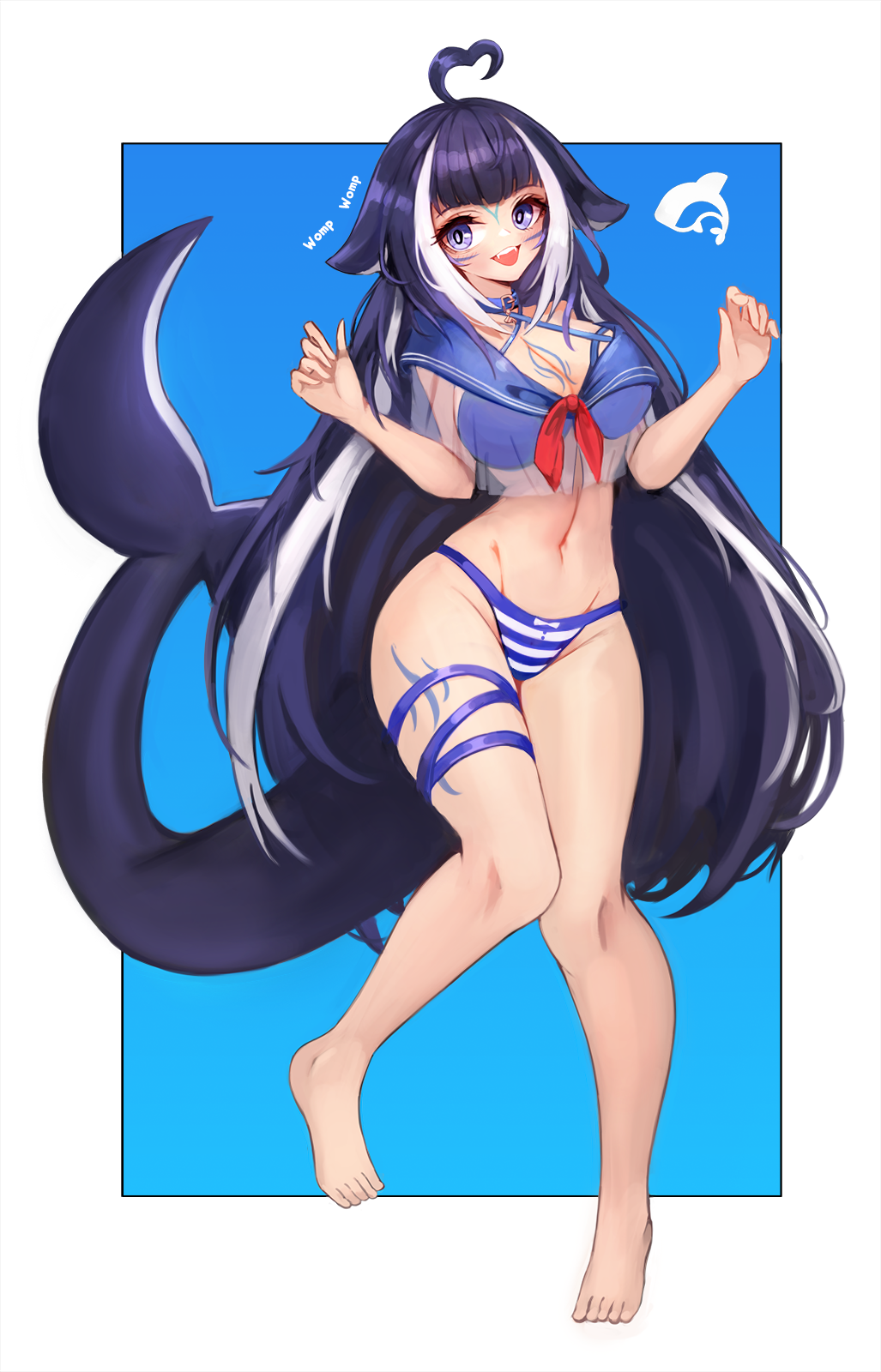 1girl ahoge animal_ears arm_tattoo belt_collar bikini black_hair blue_collar blue_panties blush breasts cetacean_tail chest_tattoo cleavage collar facial_tattoo fangs fins fish_tail halterneck heart highres indie_virtual_youtuber large_breasts leg_tattoo long_hair looking_at_viewer multicolored_hair notte open_mouth orca_girl panties purple_eyes sailor_collar see-through_clothes see-through_shirt shirt shylily shylily_(1st_costume) solo streaked_hair striped_clothes striped_panties swimsuit tail tattoo thigh_strap underwear virtual_youtuber white_hair white_shirt