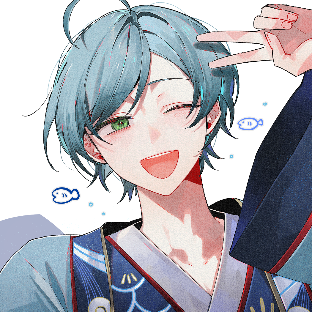 1boy ahoge anight aqua_hair arm_up ensemble_stars! green_eyes japanese_clothes looking_at_viewer male_focus official_alternate_costume one_eye_closed open_mouth parted_bangs shinkai_kanata short_hair simple_background smile solo teeth upper_teeth_only v white_background wide_sleeves
