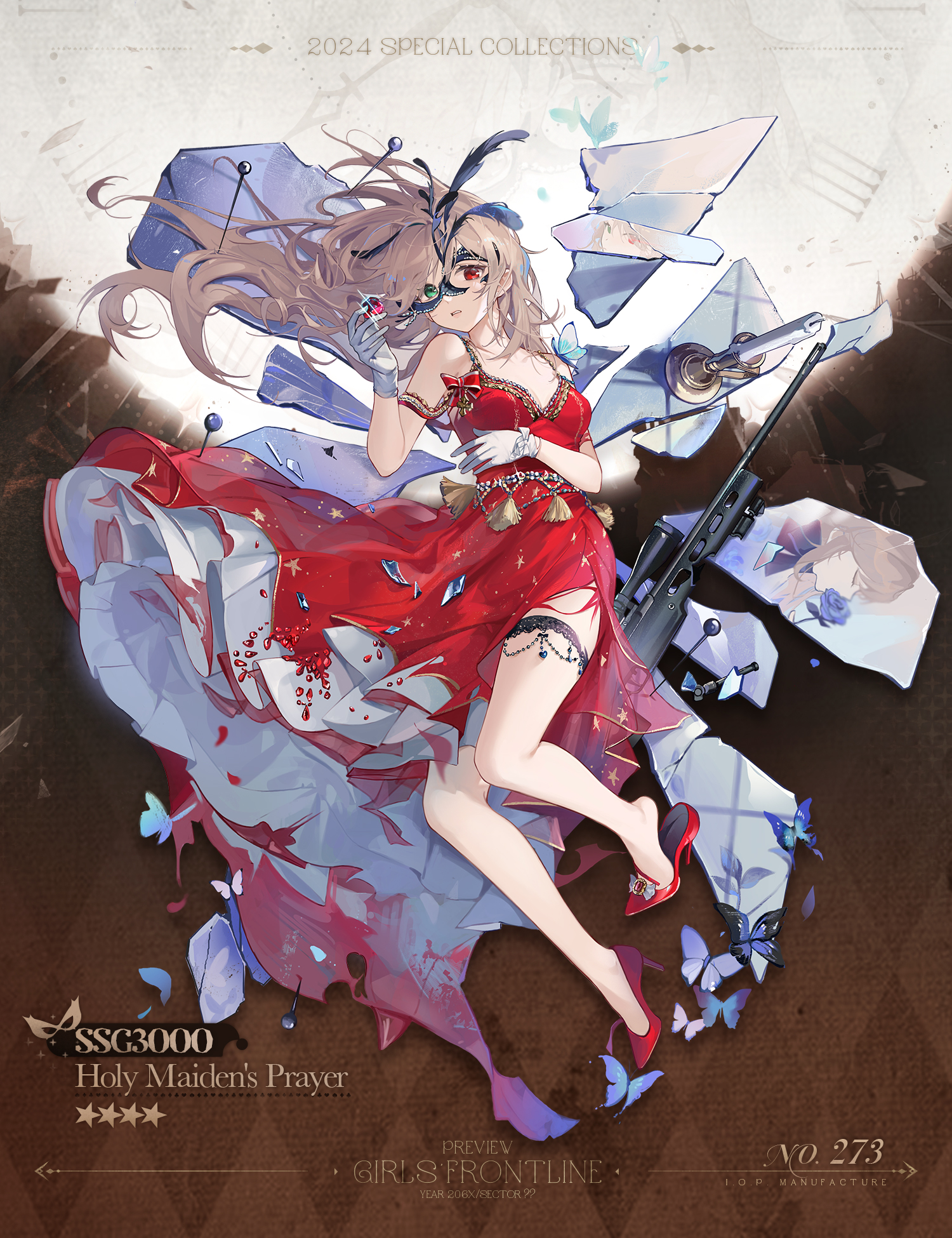 1girl 2024 analog_clock black_mask blue_butterfly blue_flower blue_rose breasts broken broken_mirror broken_weapon brown_hair bug butterfly butterfly_request candle candlestand character_name cleavage clock commentary copyright_name different_reflection domino_mask dress english_commentary english_text feathers flower frilled_thigh_strap full_body gem girls'_frontline gloves green_eyes heel_pop heterochromia high_heels highres holding holding_gem insect layered_dress looking_at_viewer lying mask medium_breasts miebao mirror official_alternate_costume official_art on_back parted_lips phantom_thief pin promotional_art red_dress red_eyes red_gemstone red_shoes reflection roman_numeral rose scope second-party_source shards shoes sig_ssg3000 solo sparkle ssg3000_(girls'_frontline) ssg3000_(holy_maiden's_prayer)_(girls'_frontline) star_(symbol) thigh_strap torn_clothes torn_dress torn_mask weapon white_dress white_gloves