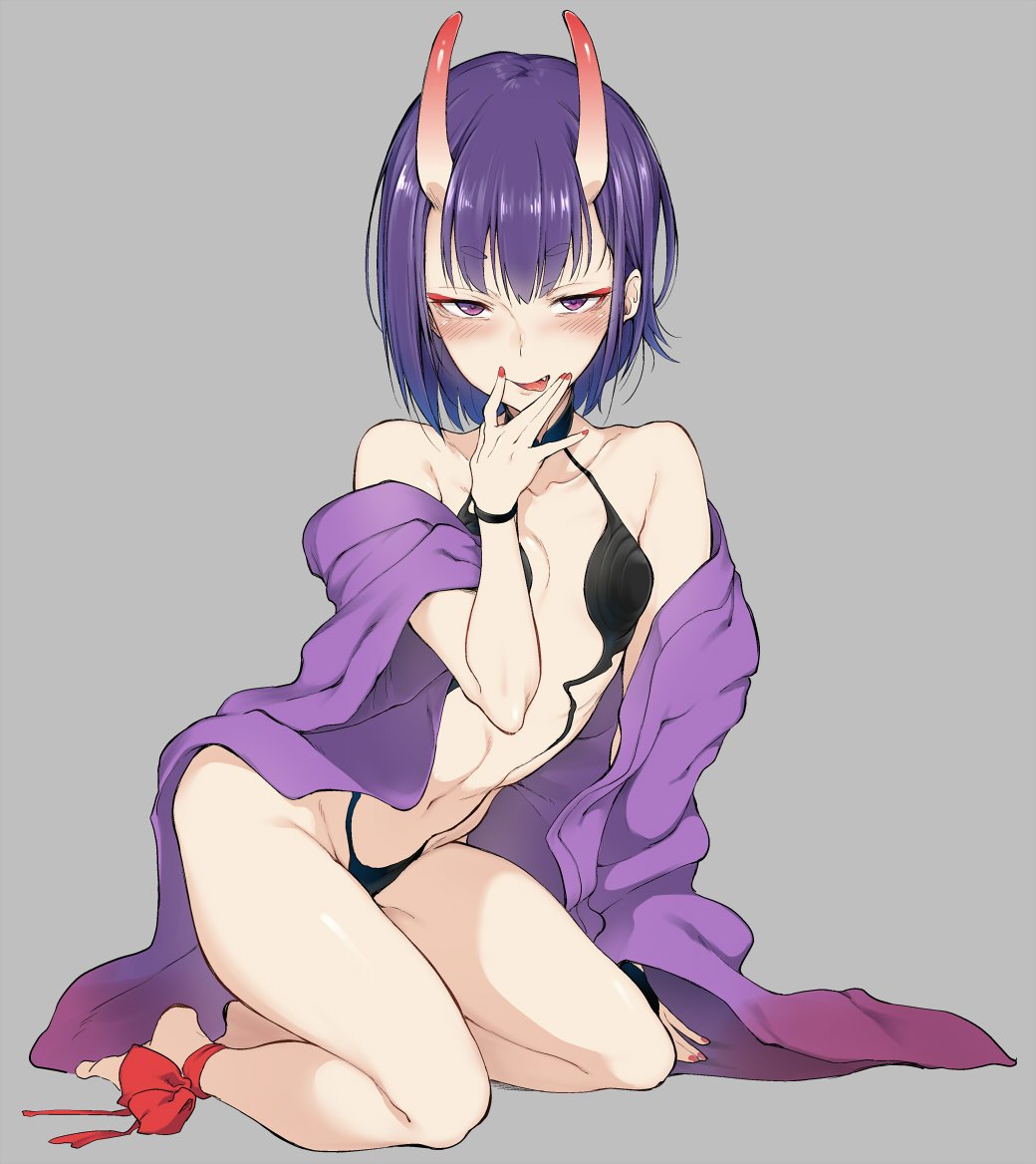 1girl ankle_ribbon barefoot blush breasts fang fate/grand_order fate_(series) full_body grey_background horns japanese_clothes kimono leg_ribbon looking_at_viewer naughty_face navel oni open_clothes open_kimono purple_eyes purple_hair purple_kimono revealing_clothes ribbon short_hair shuten_douji_(fate) simple_background sitting skin-covered_horns small_breasts smile solo spirytus_tarou tongue tongue_out