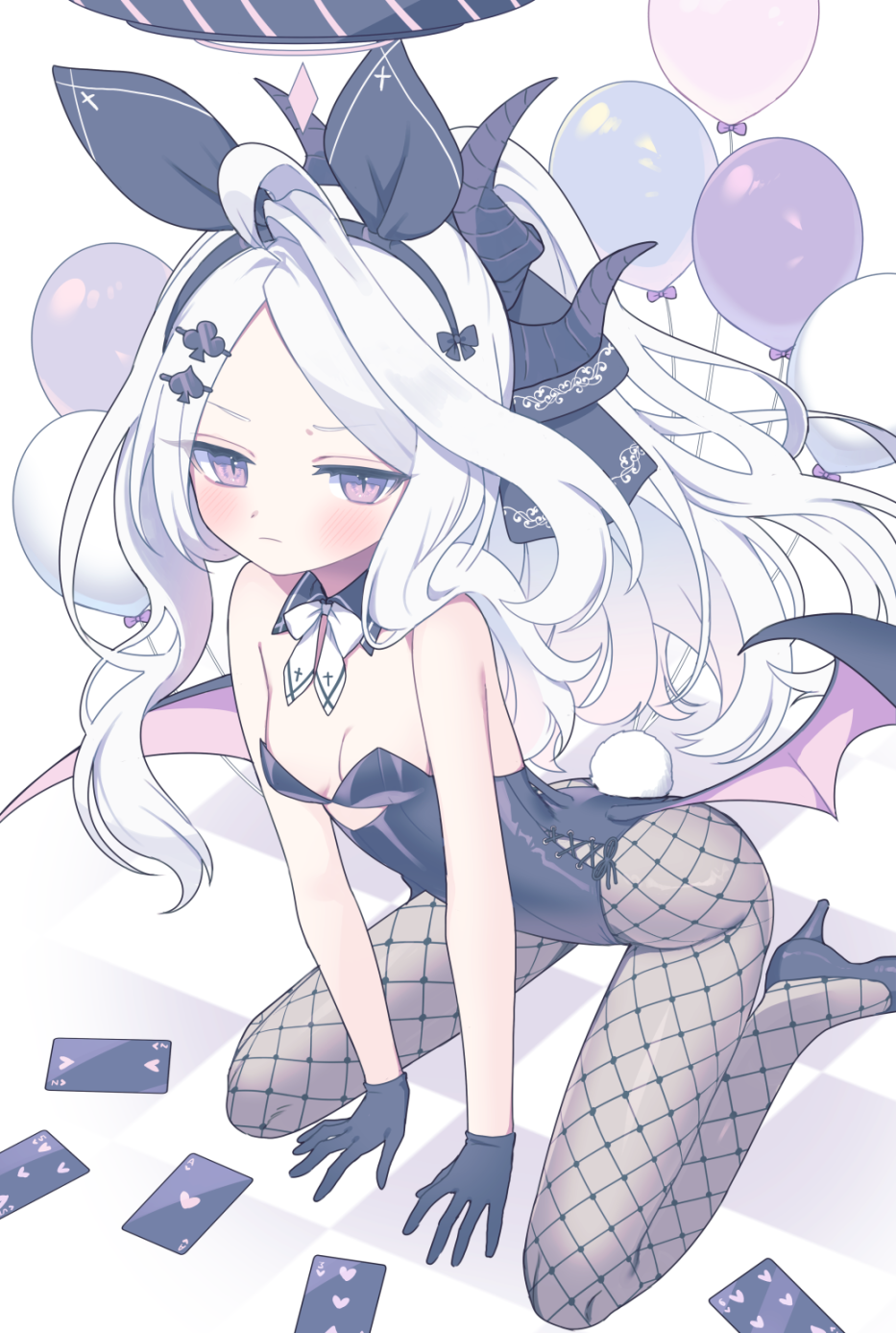 1girl ace_(playing_card) ace_of_hearts ahoge animal_ears balloon bare_shoulders black_footwear black_gloves black_hairband black_leotard black_ribbon blue_archive blush bow bow_hairband breasts card cleavage closed_mouth club_hair_ornament demon demon_girl demon_horns demon_wings detached_collar fake_animal_ears fake_tail fishnet_pantyhose fishnets five_of_hearts forehead gloves hair_ornament hair_ribbon hairband hairclip halo heart high_heels highres hina_(blue_archive) horns leotard long_hair looking_at_viewer low_wings multiple_horns nehan_(gedatsu_nehan) pantyhose parted_bangs playboy_bunny playing_card ponytail purple_eyes rabbit_ears rabbit_girl rabbit_tail ribbon sidelocks simple_background sitting six_of_hearts small_breasts solo tail three_of_hearts tiara two_of_hearts v-shaped_eyebrows very_long_hair wariza white_background white_bow white_hair wings