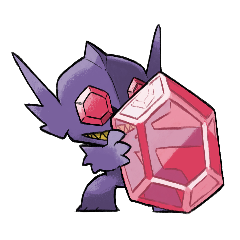 blacknirrow chibi full_body game_freak gem gem_eyes gen_3_pokemon grin holding holding_gem mega_pokemon mega_sableye nintendo no_humans pokemon pokemon_(creature) pokemon_focus red_gemstone sableye sharp_teeth simple_background smile solo standing teeth white_background yellow_teeth