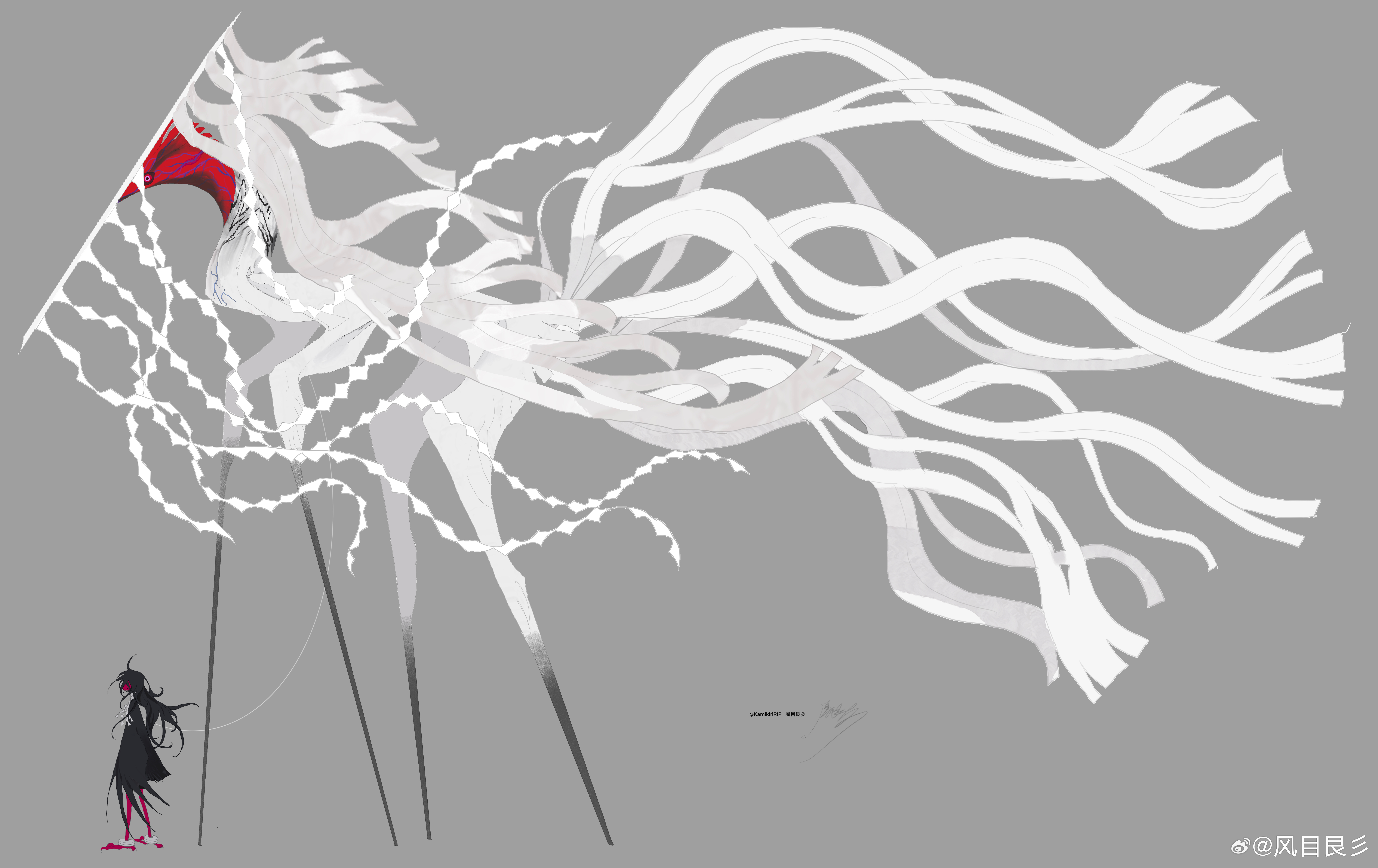 1other absurdres bird_legs black_hair from_side full_body grey_background highres kamikiririp long_hair monster multicolored_eyes original other_focus simple_background size_difference standing watermark weibo_watermark white_string white_tail