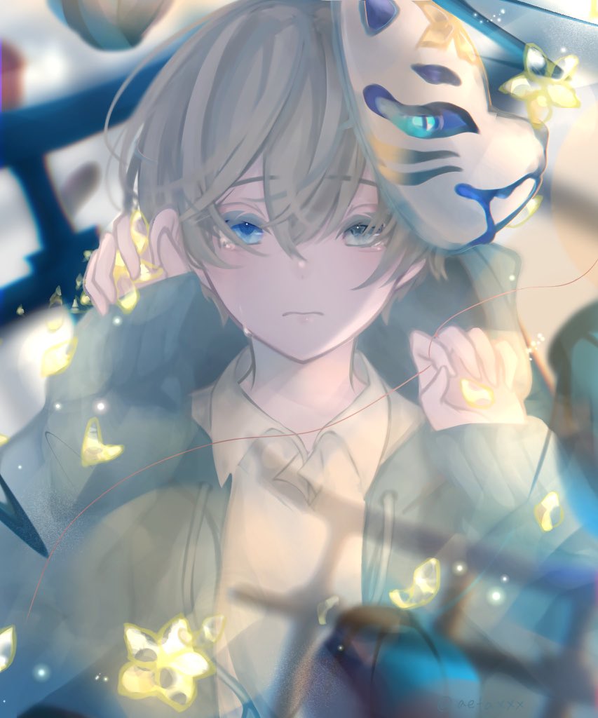 1boy 4ino_(shiino) blue_eyes blue_hoodie blurry blurry_background closed_mouth collared_shirt colored_tears crying crying_with_eyes_open depth_of_field grey_hair holding holding_star hood hoodie long_sleeves looking_at_viewer male_focus mask mask_on_head oni_mask original shirt solo star_(symbol) star_tears string tears upper_body