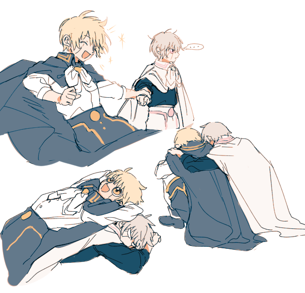 annoyed arms_behind_head ascot blonde_hair blue_cape blue_shirt brothers cape closed_eyes gash_bell grabbing_another&#039;s_arm grey_hair hand_on_another&#039;s_shoulder konjiki_no_gash!! konjiki_no_gash!!_2 lying_on_another open_mouth shirt siblings simple_background sitting ss_un17 white_background white_cape white_shirt yellow_eyes zeno_bell