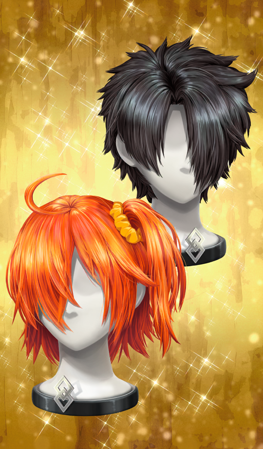 ahoge black_hair commentary diffraction_spikes fate/grand_order fate_(series) hair_ornament hair_over_one_eye hair_scrunchie mannequin medium_hair no_humans object_focus official_art one_side_up orange_background orange_hair orange_scrunchie scrunchie short_hair sparkle_background still_life third-party_source unworn_wig wig xxxxay