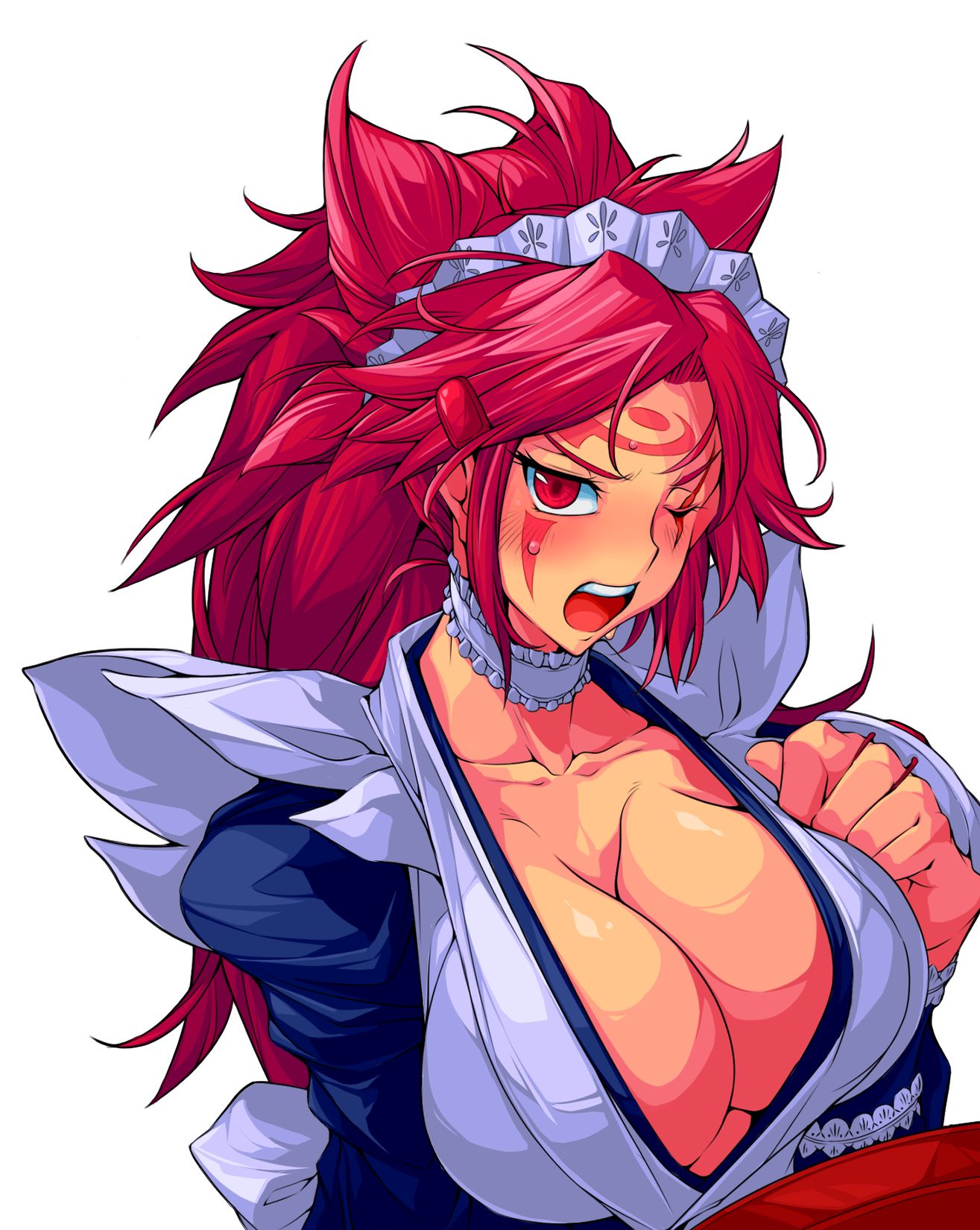 1girl baiken blush breasts choker cleavage collarbone cosplay embarrassed facial_mark female_focus frilled_choker frills guilty_gear hair_ornament highres iroha_(samurai_spirits) iroha_(samurai_spirits)_(cosplay) japanese_clothes juliet_sleeves large_breasts long_hair long_sleeves looking_at_viewer maid maid_headdress messy_hair one-eyed open_mouth ponytail puffy_sleeves red_eyes red_hair samurai_spirits scar scar_across_eye scar_on_face sidelocks solo sweat transparent_background upper_body white_background yoshitsuki