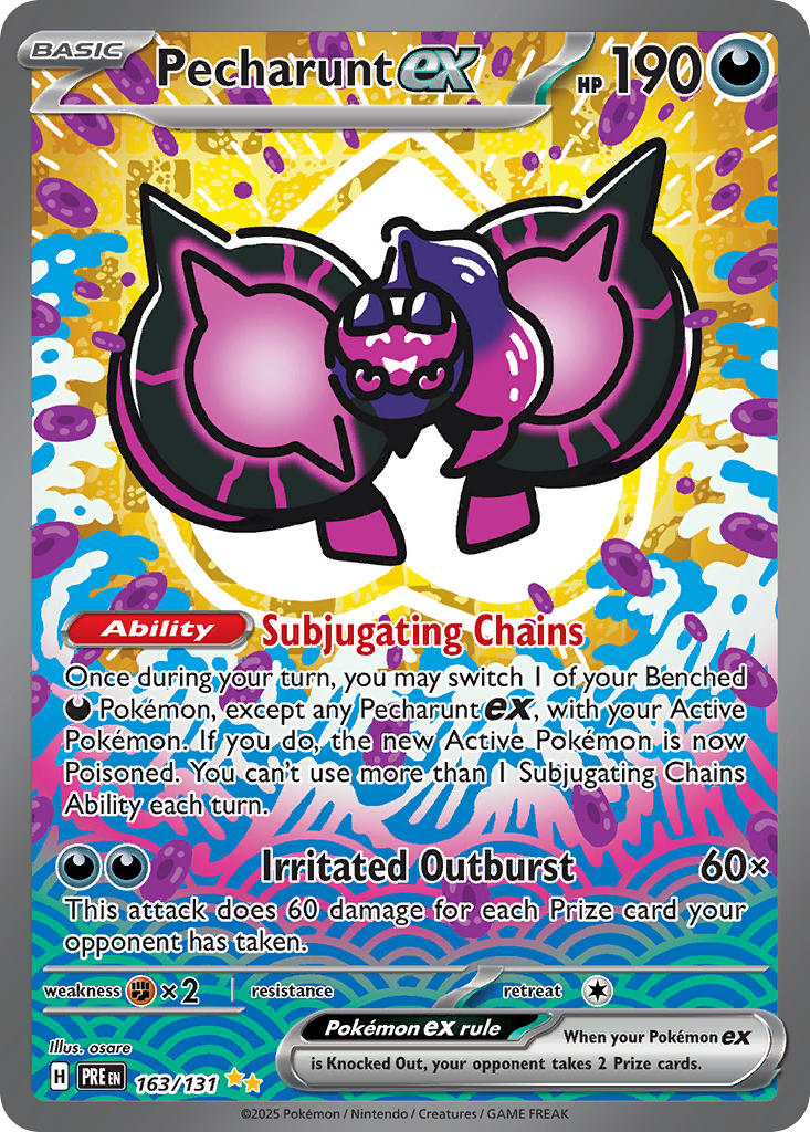 artist_name card_(medium) character_name closed_eyes company_name copyright_name copyright_notice english_text full_body nintendo no_humans official_art open_mouth osare_graffiti pecharunt pokemon pokemon_(creature) pokemon_card pokemon_focus pokemon_tcg solo third-party_source trading_card
