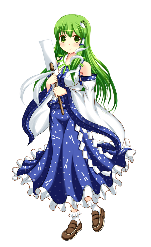 1girl blush breasts detached_sleeves female_focus frog_hair_ornament gohei green_eyes green_hair hair_ornament hair_tubes jewelry kochiya_sanae long_hair matching_hair/eyes medium_breasts necklace oonusa shoes skirt smile snake solo tomo_(uguisu-tei) touhou
