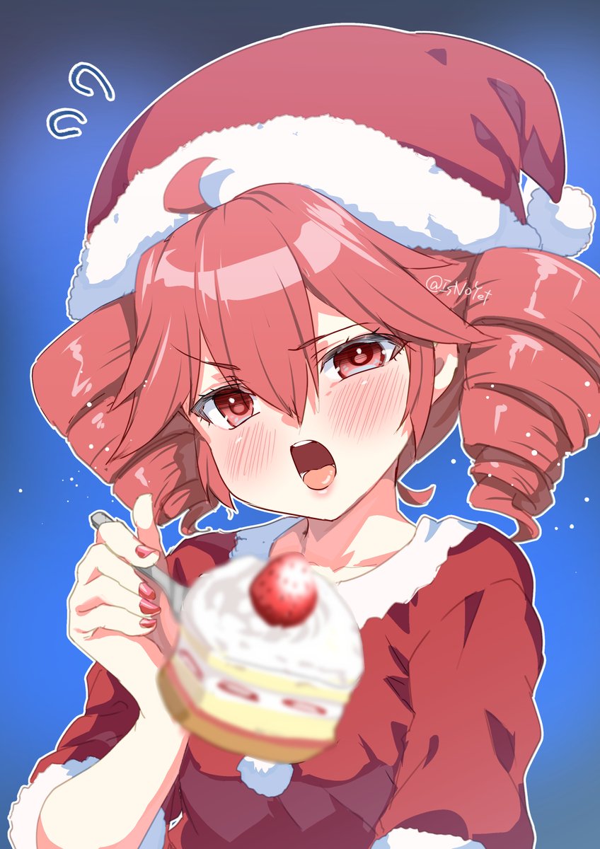 1girl alternate_costume blue_background cake dessert dress drill_hair fingernails flat_chest flying_sweatdrops food fur-trimmed_dress fur-trimmed_headwear fur_trim highres holding holding_spork kasane_teto kouki_kuu looking_at_viewer nail_polish open_mouth pom_pom_(clothes) red_hair red_nails santa_costume santa_dress short_sleeves solo spork teeth tongue twin_drills upper_body utau