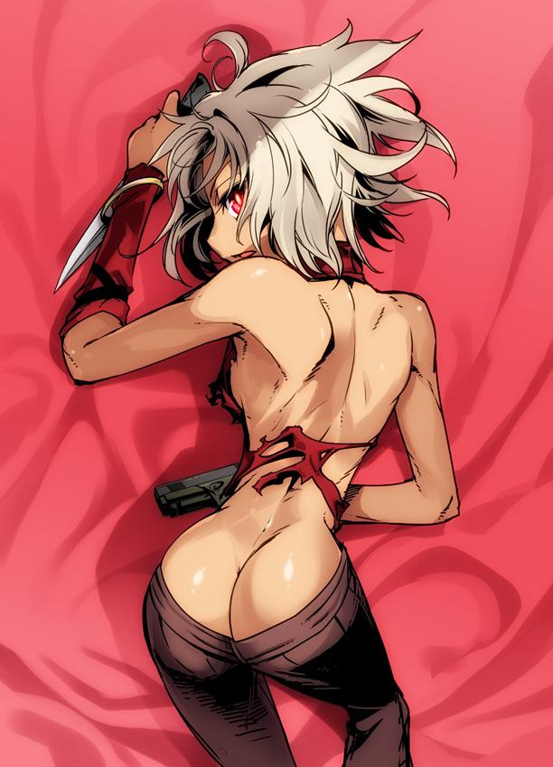 1girl 428 428:_fuusa_sareta_shibuya_de ass back bangle bed_sheet bracelet breasts butt_crack canaan_(character) canaan_(series) dark-skinned_female dark_skin detached_sleeves dual_wielding female_focus from_behind gradient_background gun handgun holding ishida_akira jewelry knife looking_back lowleg lowleg_pants lying on_stomach pants pistol red_eyes reverse_grip sideboob silver_hair small_breasts solo torn_clothes weapon