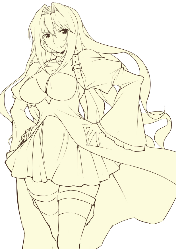 00s 1girl female_focus frills long_hair monochrome ryuuta ryuuta_(msxtr) sekirei skirt solo thigh_strap thighhighs tsukiumi yellow_theme
