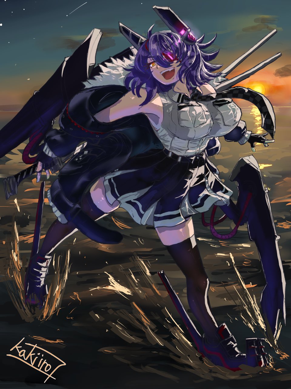1girl breasts checkered_necktie eyepatch headgear highres kakiiro_(takuya) kantai_collection large_breasts multiple_girls necktie ocean purple_hair shirt short_hair sleeveless sunset tenryuu_(kancolle) tenryuu_kai_ni_(kancolle)