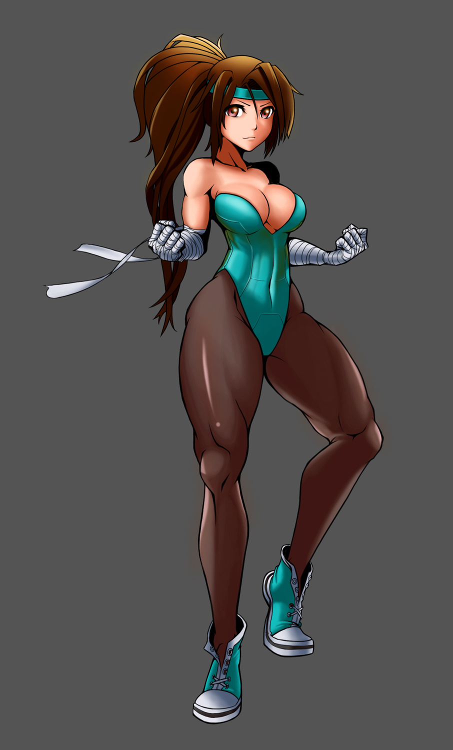 1girl alternate_color bandages bare_shoulders blue_leotard breakers breasts brown_eyes brown_hair cleavage clenched_hands covered_navel female_focus full_body hand_wraps headband highres ishu_(ljcwer) large_breasts leotard long_hair long_legs pantyhose playboy_bunny player_2 ponytail see-through_clothes see-through_legwear shoes sneakers solo thick_thighs thighs tia_langray