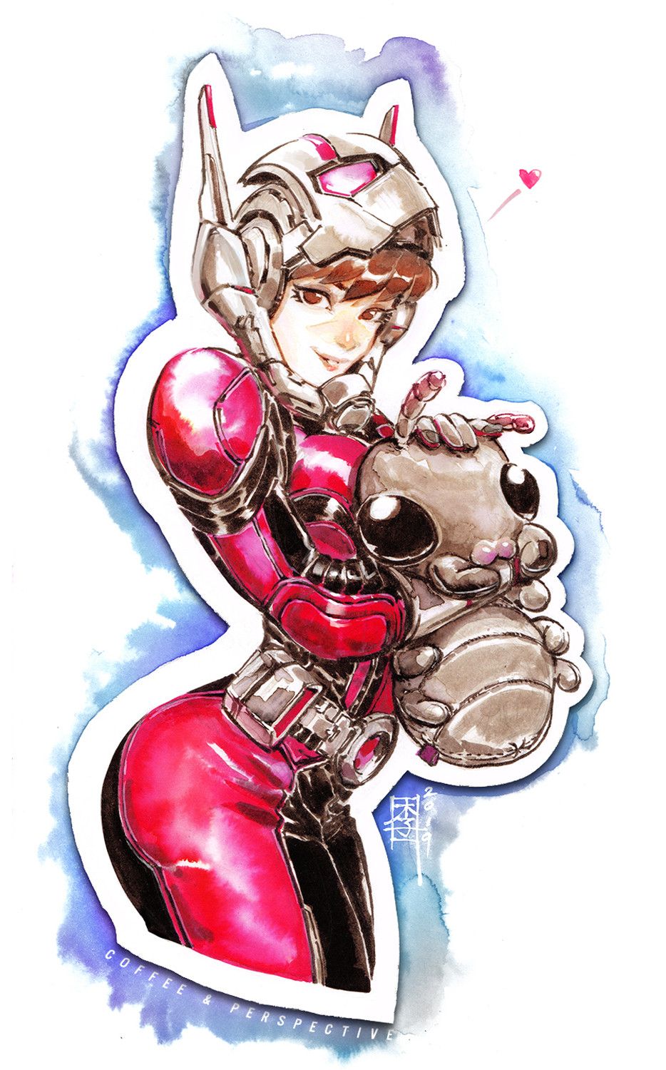 1girl 2019 ant-man ant-man_(cosplay) ant-man_(movie) belt bodysuit breasts brown_eyes brown_hair commentary cosplay english_commentary grey_belt heart helmet highres holding holding_stuffed_toy ink_(medium) leaning_forward looking_at_viewer mar-c! marvel marvel_cinematic_universe medium_breasts parted_lips pepper_project photoshop_(medium) red_bodysuit smile solo stuffed_animal stuffed_ant stuffed_toy traditional_media white_background