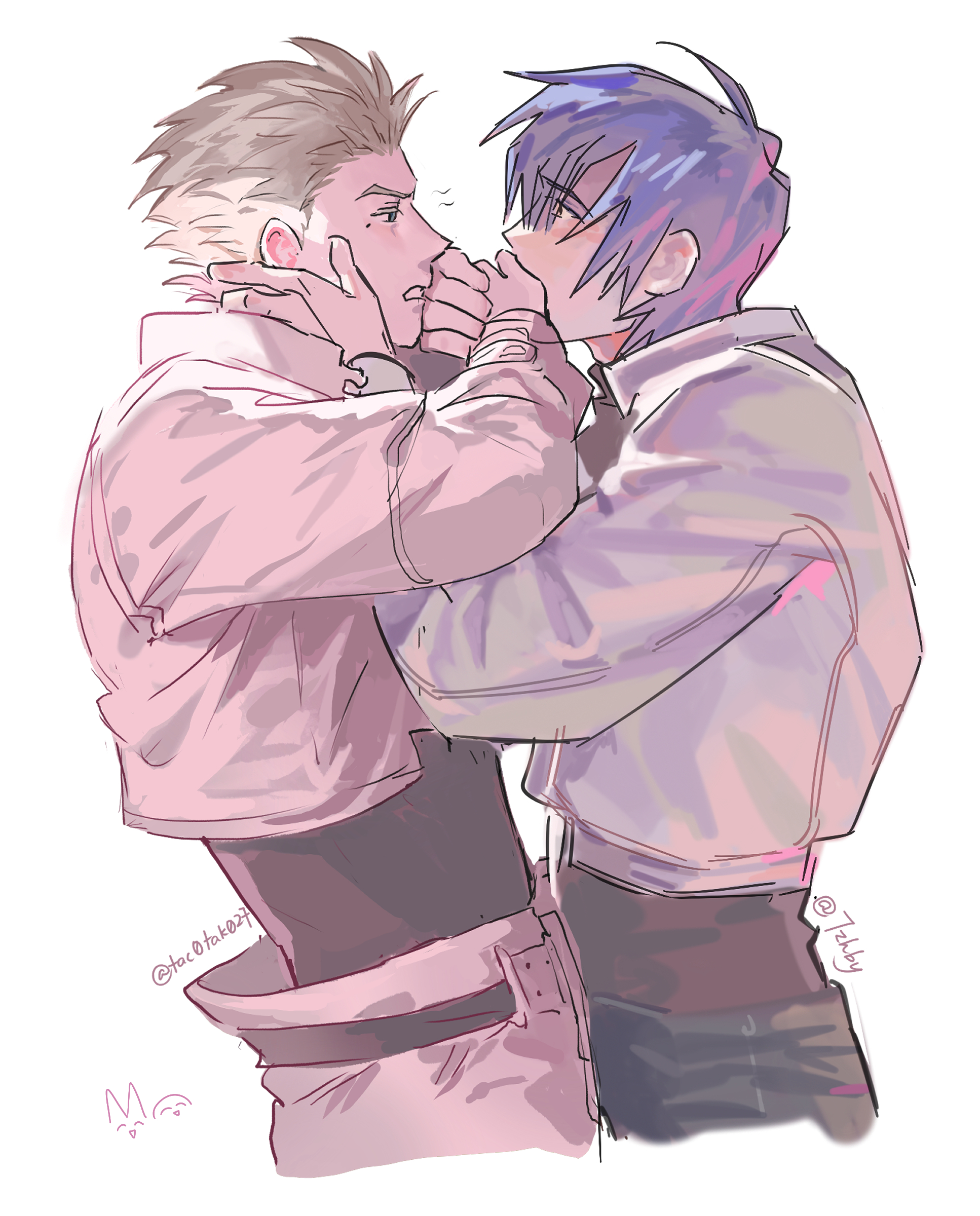 2boys 7zhby absurdres artist_name belt black_pants black_shirt blonde_eyebrows blue_hair blush colored_eyelashes couple cropped_jacket eye_contact eyes_visible_through_hair from_side hand_on_another's_face highres jacket kiss kissing_hand legato_bluesummers long_sleeves looking_at_another loose_pants male_focus millions_knives multiple_boys pale_color pale_skin pants shirt short_hair signature simple_background spiked_hair surprised tacotako trigun trigun_maximum turtleneck twitter_username upper_body white_jacket white_pants