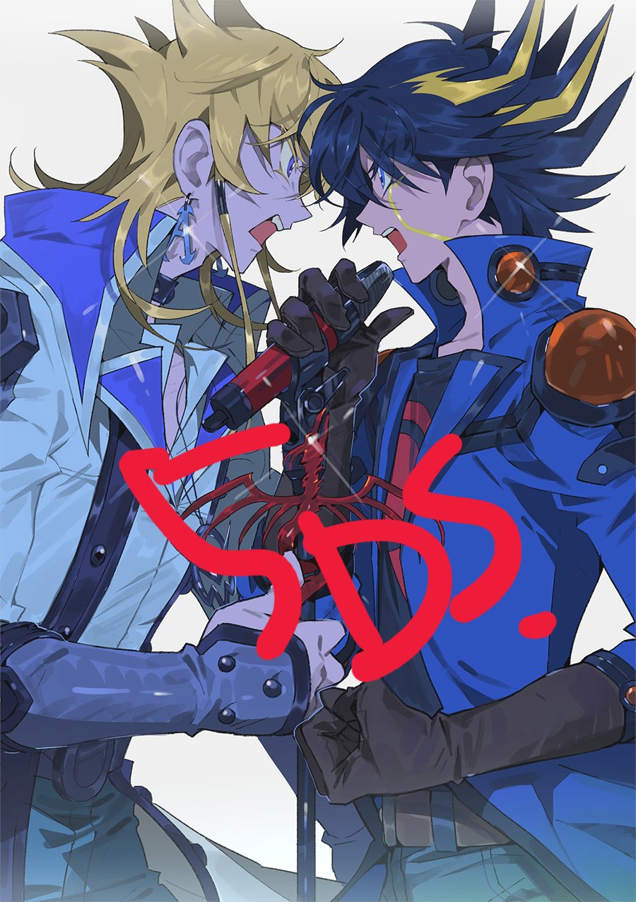 2boys black_hair black_shirt blonde_hair blue_jacket brown_gloves clenched_hand coat cowboy_shot earrings facial_mark from_side fudo_yusei glint gloves highres holding holding_microphone jack_atlas jacket jewelry kmjung1031 male_focus microphone multicolored_hair multiple_boys open_mouth profile shirt simple_background spiked_hair teeth two-tone_hair upper_teeth_only white_background white_coat yu-gi-oh! yu-gi-oh!_5d&#039;s