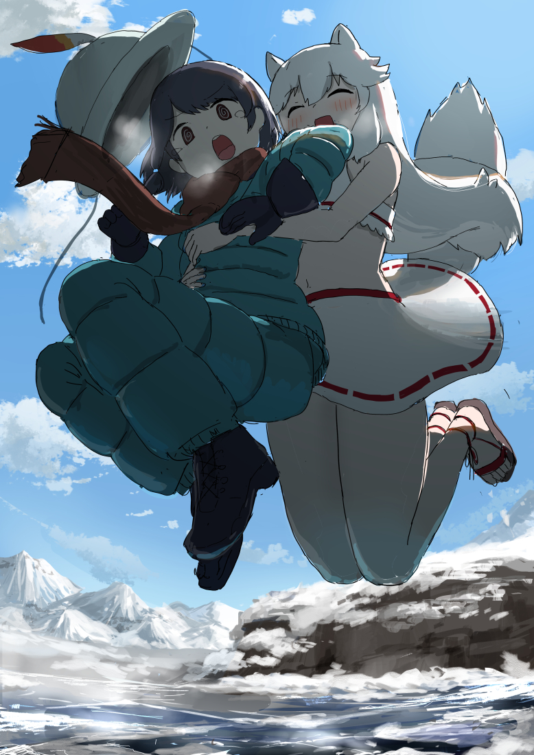 2girls @_@ adapted_costume alternate_costume animal_ears arctic_fox_(kemono_friends) bare_legs bare_shoulders bikini bikini_skirt black_footwear black_gloves blue_coat blue_pants blush boots captain_(kemono_friends) closed_eyes coat fox_ears fox_girl fox_tail gloves hat_feather helmet jumping kemono_friends kemono_friends_3 long_hair midair midriff multiple_girls navel official_alternate_costume orange_scarf pants pith_helmet red_footwear sandals scarf skirt sleeveless swimsuit tail two-tone_footwear water white_bikini white_footwear white_skirt winter_clothes winter_coat yumeumi_sousaku