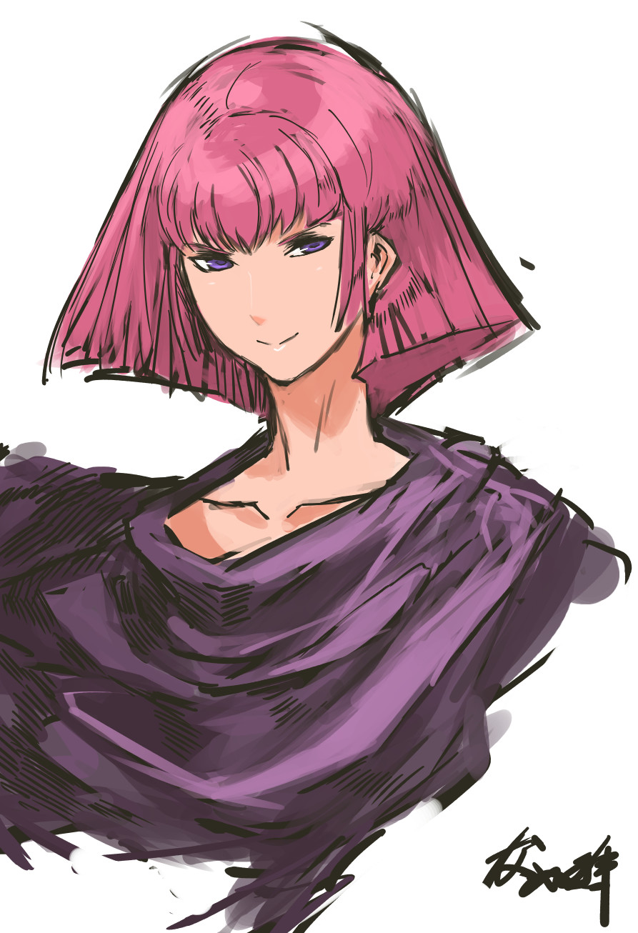 1girl bob_cut cloak closed_mouth female_focus gundam haman_karn highres looking_at_viewer nameo_(judgemasterkou) pink_hair purple_cloak purple_eyes short_hair signature simple_background smile solo upper_body white_background