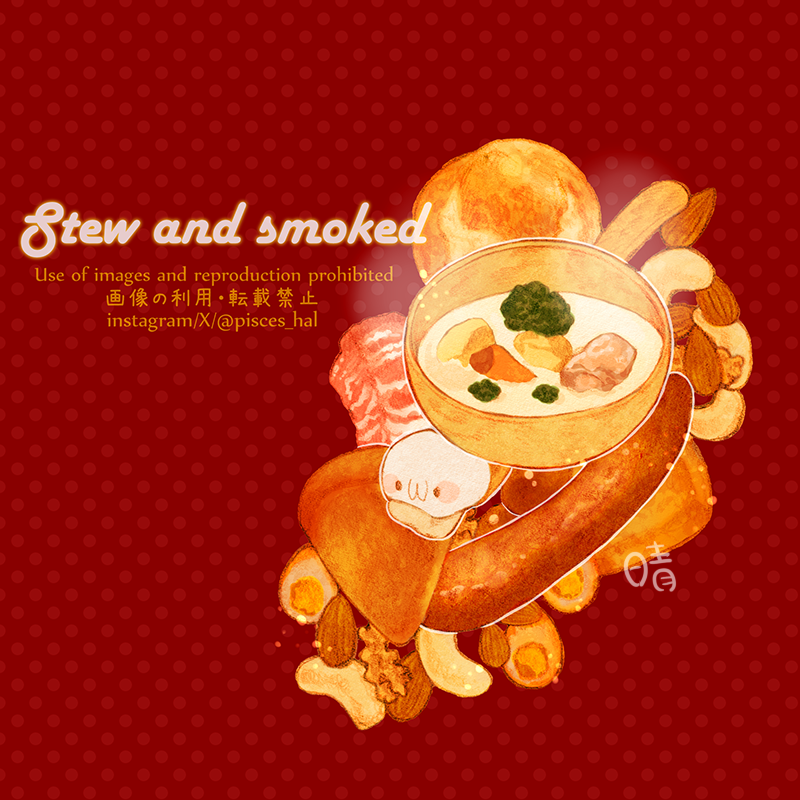 :3 almond bread broccoli carrot_slice creature food food_focus food_name haru_(pisces_hal) no_humans nut_(food) original polka_dot polka_dot_background red_background stew vegetable