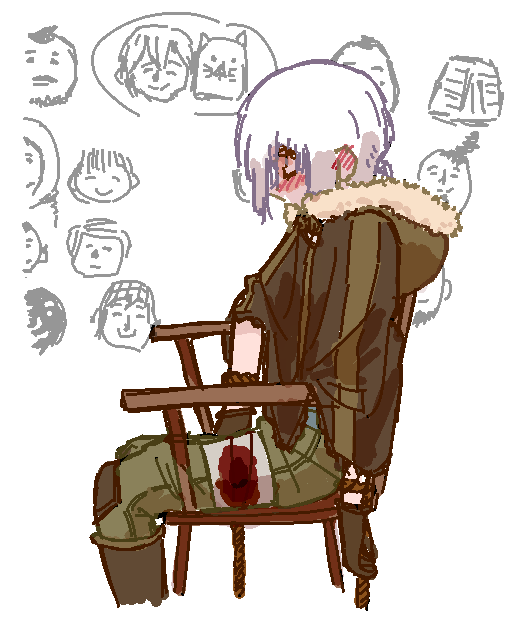 1boy blood blood_on_clothes blush bot_mark_art chair death from_side fumetsu_no_anata_e gloves low_ponytail on_chair poncho ponytail sad short_hair simple_background sitting the_nameless_boy_(fumetsu_no_anata_e) white_hair