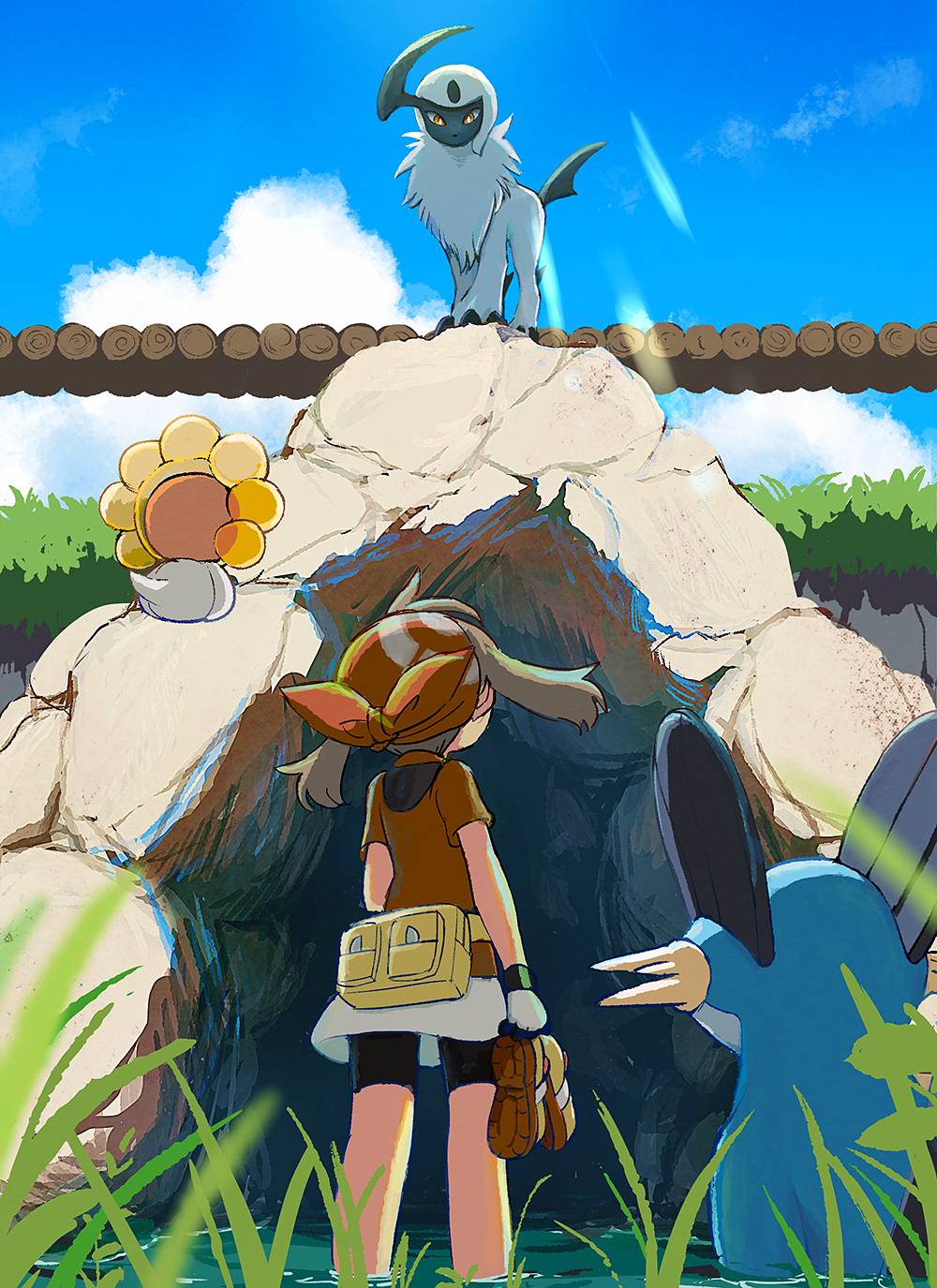 1girl absol bag bandana bike_shorts bike_shorts_under_skirt bridge brown_hair castform castform_(sunny) cave cloud cloudy_sky commentary fanny_pack from_below game_freak gen_3_pokemon gloves grass highres holding holding_shoes looking_down looking_up may_(pokemon) medium_hair nintendo outdoors pokemon pokemon_(creature) pokemon_rse popcorn_91 red_bandana red_eyes red_shirt shirt shoes short_sleeves skirt sky sunlight swampert unworn_shoes wading white_fur white_gloves white_skirt yellow_bag