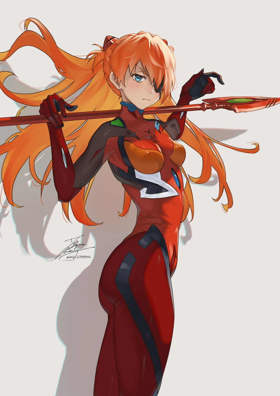 1girl ass blue_eyes blush bodysuit breasts evangelion:_3.0_you_can_(not)_redo eyepatch fadingz grey_background highres holding holding_polearm holding_weapon interface_headset_(evangelion) long_hair looking_at_viewer mecha_pilot_suit neon_genesis_evangelion orange_hair pixiv_id plugsuit_(evangelion) polearm rebuild_of_evangelion red_bodysuit shadow signature simple_background solo souryuu_asuka_langley spear_of_cassius tsundere two_side_up very_long_hair weapon wide_hips
