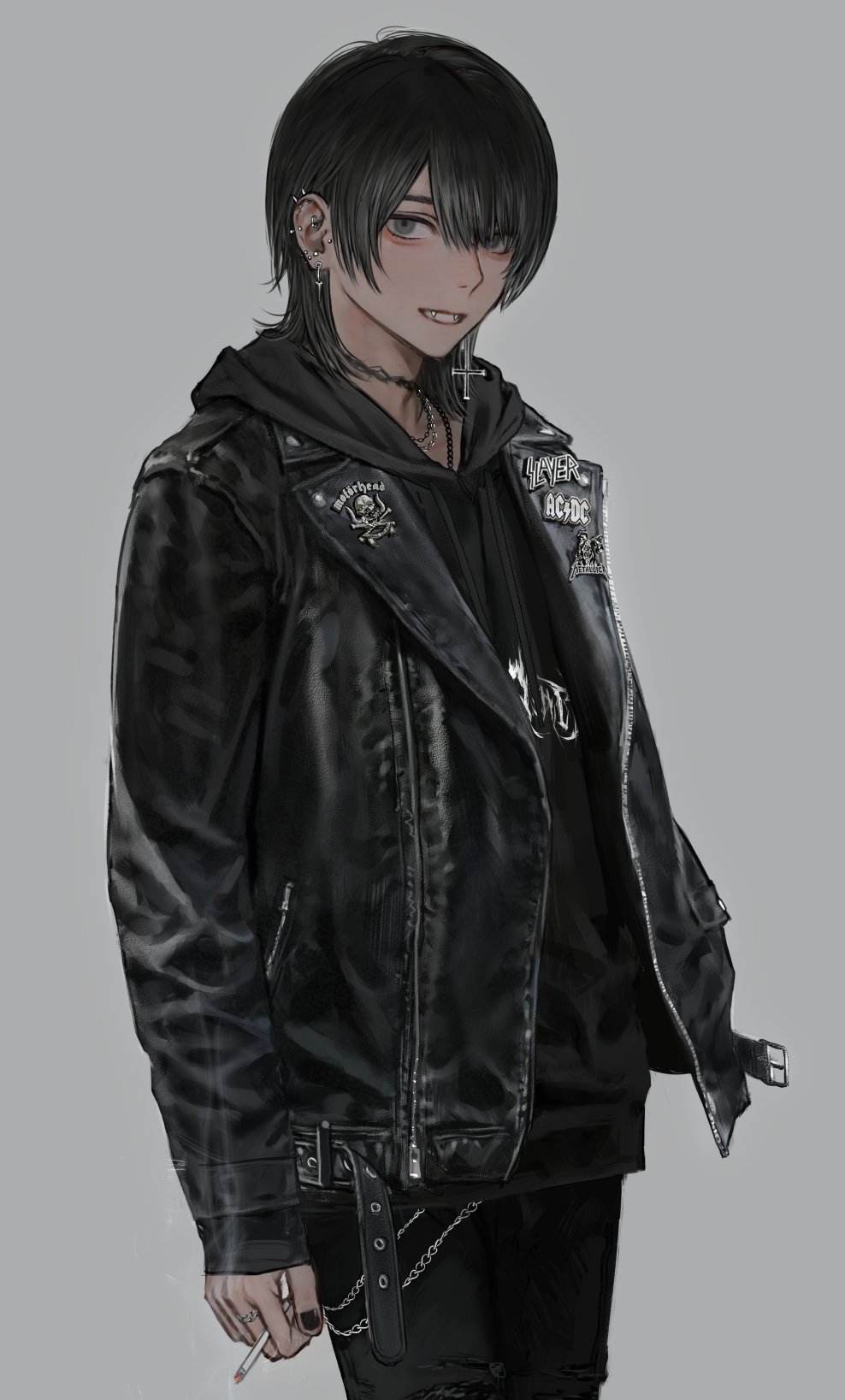 1boy ac/dc badge band_shirt black_hair black_jacket black_pants cigarette cross cross_earrings ear_piercing earrings fangs grey_background grey_eyes hair_between_eyes highres hirota_tsuu holding holding_cigarette hood hood_down hoodie inverted_cross jacket jewelry leather leather_jacket long_sleeves male_focus merchandise metallica mismatched_earrings motorhead necklace open_mouth original pants piercing simple_background slayer_(band) smoke solo