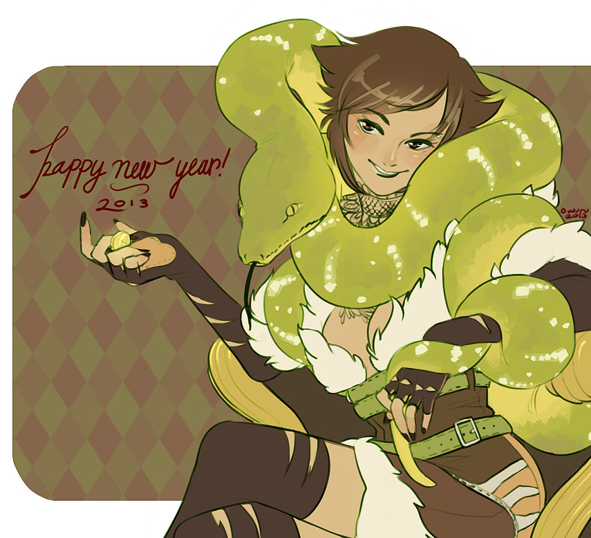 1girl 2013 animal animal_around_neck argyle_background belt black_gloves black_thighhighs breasts brown_background brown_eyes brown_hair brown_shorts cleavage coat elbow_gloves eyebrow_piercing face_piercing feet_out_of_frame fingerless_gloves fur-trimmed_coat fur_trim gloves green_belt happy_new_year large_breasts memoryjoule new_year open_mouth piercing ragnarok_online shadow_chaser_(ragnarok_online) short_hair shorts smile snake solo thighhighs torn_clothes torn_gloves torn_thighhighs white_background