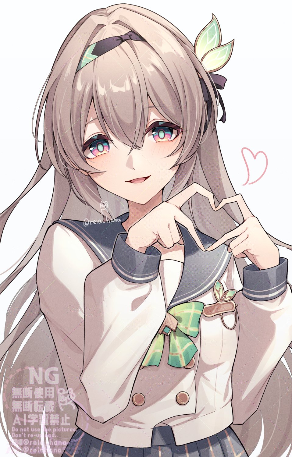 1girl black_hairband blue_pupils bow bowtie commentary_request firefly_(honkai:_star_rail) firefly_(spring_missive)_(honkai:_star_rail) green_bow green_bowtie grey_background grey_hair grey_sailor_collar grey_skirt hairband heart heart_hands highres honkai:_star_rail honkai_(series) long_hair long_sleeves looking_at_viewer official_alternate_costume open_mouth plaid_bow plaid_bowtie plaid_clothes purple_eyes reia_hana sailor_collar school_uniform shirt simple_background skirt solo twitter_username upper_body watermark white_shirt