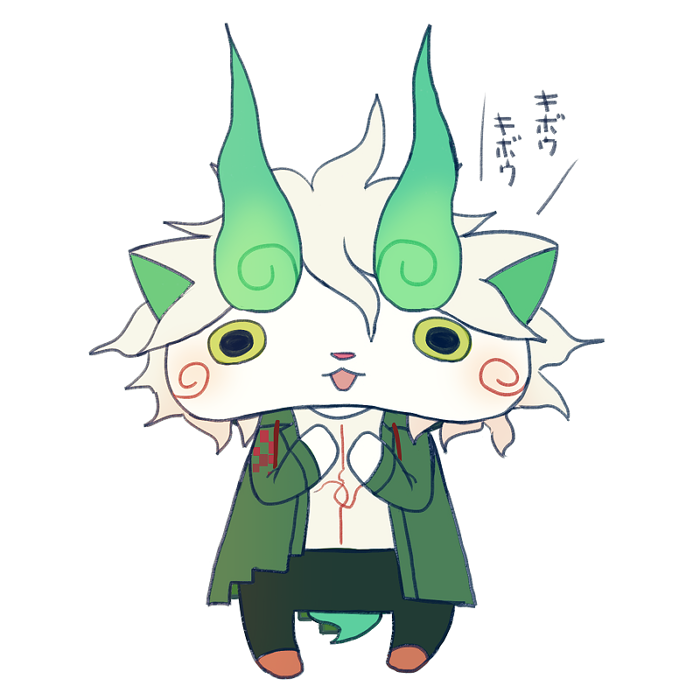 ayu_(mog) cheek_swirl cosplay danganronpa_(series) danganronpa_2:_goodbye_despair komaeda_nagito komaeda_nagito_(cosplay) komasan looking_at_viewer name_connection no_humans simple_background solo standing tongue traditional_youkai translation_request white_background youkai_watch