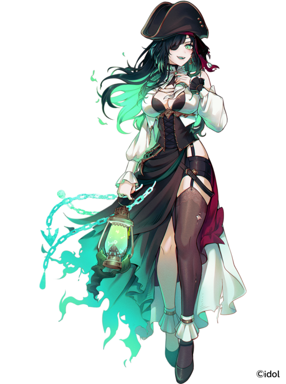 1girl black_corset black_footwear black_hair black_hat black_skirt breasts cersea_soulstorm chain cleavage colored_inner_hair copyright_notice corset eyepatch green_eyes green_hair hat holding holding_lantern chromashift lantern long_sleeves multicolored_hair nail_polish official_art open_mouth red_ribbon ribbon shirt single_thighhigh skirt solo thighhighs torn_clothes torn_thighhighs virtual_youtuber white_shirt white_sleeves yukisame