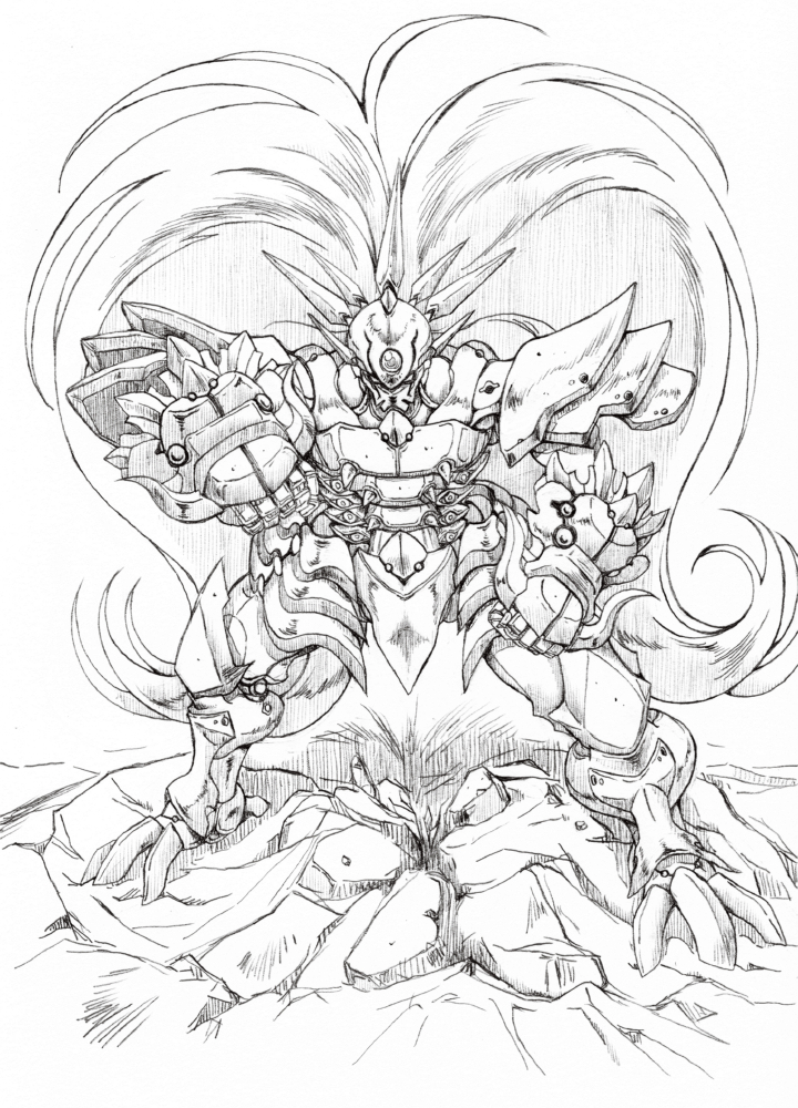 banpresto clenched_hands ialdabaoth kesuida long_hair mecha monochrome no_humans robot solo super_robot_wars super_robot_wars_compact_3 very_long_hair