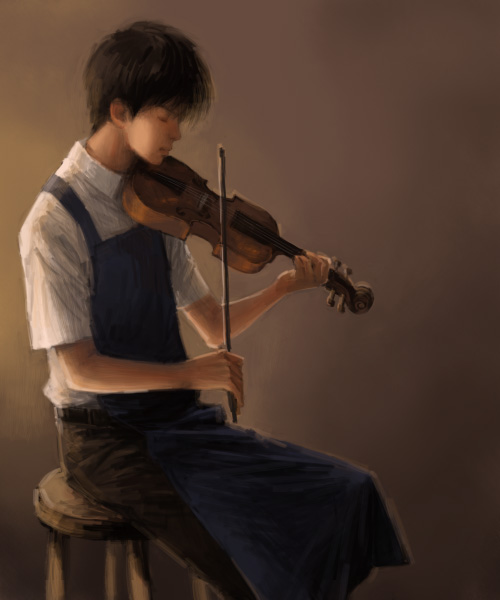 1990s_(style) 1boy amasawa_seiji apron black_hair cocoa-6m closed_eyes instrument male_focus mimi_wo_sumaseba short_hair sitting solo studio_ghibli violin