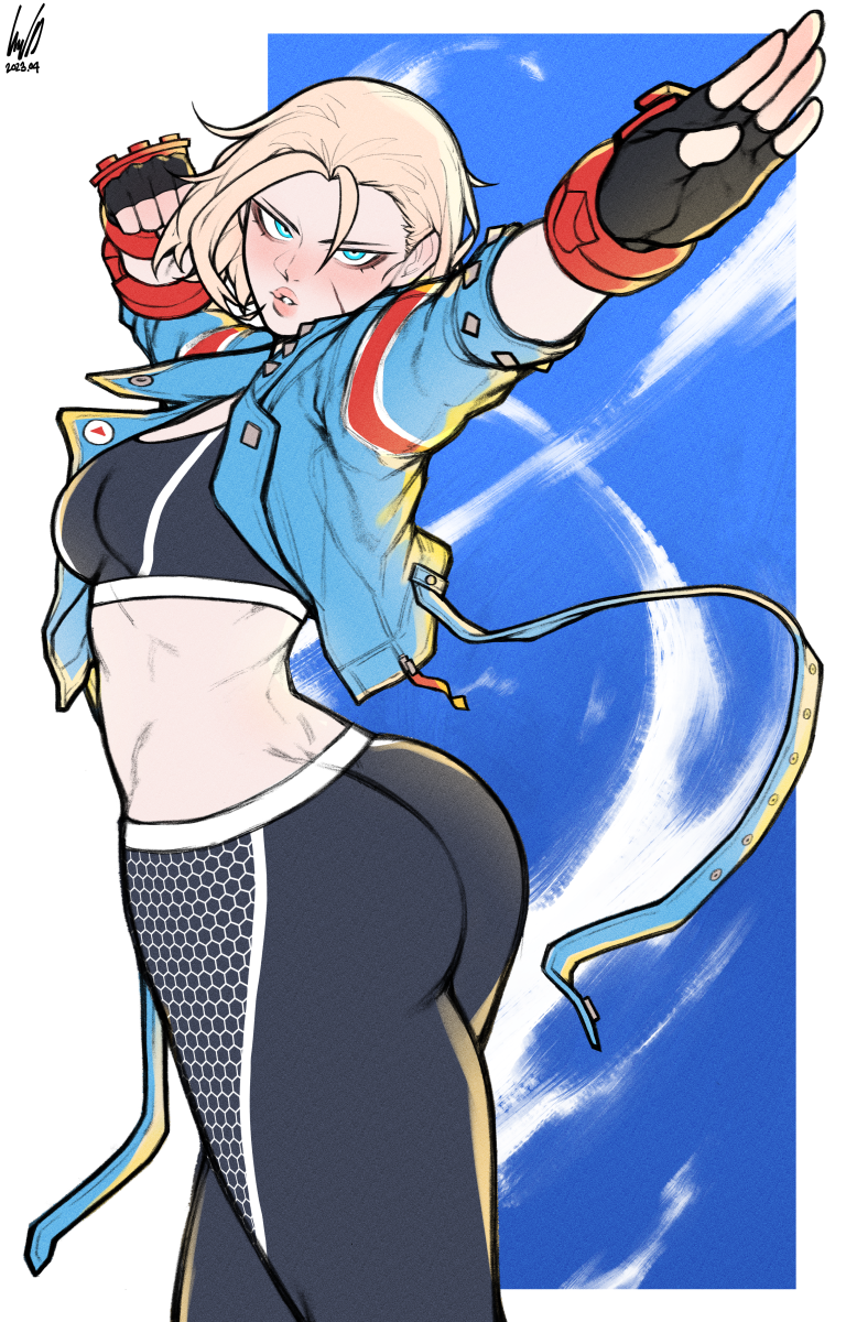 1girl ass black_gloves blonde_hair blue_eyes blue_jacket blush breasts cammy_white clenched_hand cowboy_shot cropped_jacket dated fingerless_gloves ginseng_(xin) gloves highres jacket looking_at_viewer midriff nose_blush pants pantyhose parted_lips pink_lips signature small_breasts solo sports_bra street_fighter street_fighter_6 twisted_torso yoga_pants