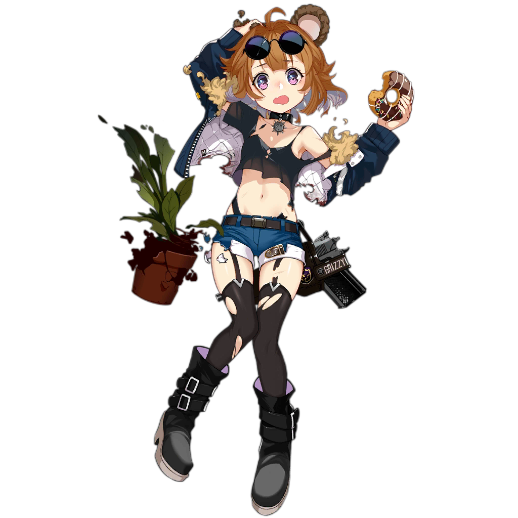1girl aged_down ahoge animal_ears bear_ears bear_girl belt_boots black_boots black_thighhighs boots breasts brown_hair copyright_name cropped_jacket damaged denim denim_shorts donut eyewear_on_head food full_body garter_straps girls&#039;_frontline grizzly_mkv_(girls&#039;_frontline) grizzly_mkv_(teddy_transform!)_(girls&#039;_frontline) gun handgun holding holding_food holster jacket l.a.r._manufacturing lar_grizzly_win_mag navel official_alternate_costume official_art open_clothes open_jacket open_mouth pistol plant potted_plant purple_eyes realmbw shadow short_hair short_shorts shorts small_breasts solo standing strap_slip sunglasses sunglasses_on_head tank_top thighhighs torn_clothes torn_thighhighs transparent_background wavy_mouth weapon