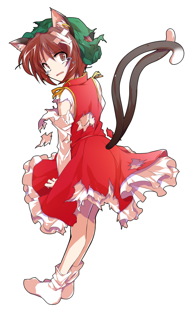 1girl alphes_(style) animal_ears back bobby_socks brown_eyes brown_hair cat_ears cat_girl cat_tail chen commentary_request crying crying_with_eyes_open dairi defeat earrings fang full_body gold_trim green_hat hair_between_eyes hat jewelry large_variant_set long_sleeves mob_cap nekomata no_shoes open_mouth parody red_skirt red_vest shirt short_hair single_earring skirt skirt_set socks solo style_parody tachi-e tail tail_raised tears torn_clothes touhou transparent_background variant_set vest white_petticoat white_shirt white_socks