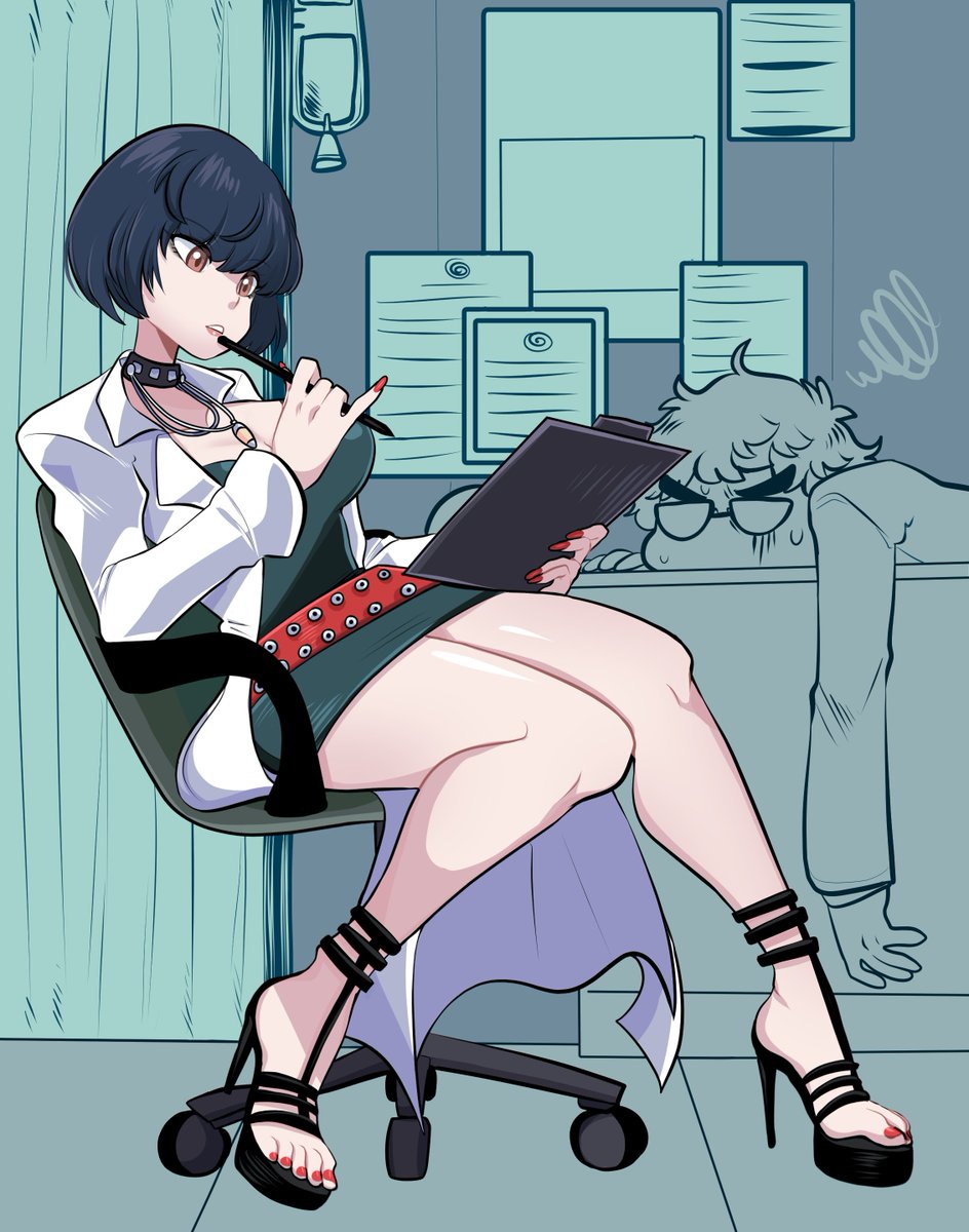 1boy 1girl amamiya_ren bare_legs belt black_hair black_sandals breasts brown_eyes choker cleavage clipboard coat collar commentary curtains dress english_commentary feet full_body green_dress high_heels highres holding holding_clipboard indoors intravenous_drip iv_stand jewelry knees_together_feet_apart lab_coat large_breasts legs long_sleeves missandydandy nail_polish necklace on_chair open_clothes open_coat parted_lips persona persona_5 red_belt red_nails sandals short_dress short_hair sitting sketch_background solo_focus stiletto_heels strappy_heels studded_choker studded_collar takemi_tae thighs toenail_polish toenails toes