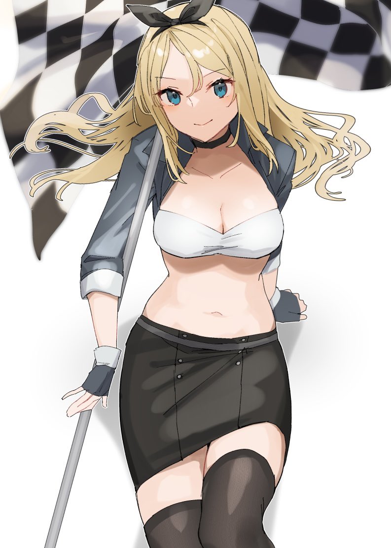 1girl bandeau black_gloves black_skirt black_thighhighs breasts checkered_flag cropped_jacket fingerless_gloves flag gloves grey_jacket jacket kantai_collection large_breasts midriff mini_person minigirl nelson_(kancolle) nelson_(race_queen)_(kancolle) official_alternate_costume one-hour_drawing_challenge race_queen skirt solo thighhighs white_bandeau yamashichi_(mtseven)
