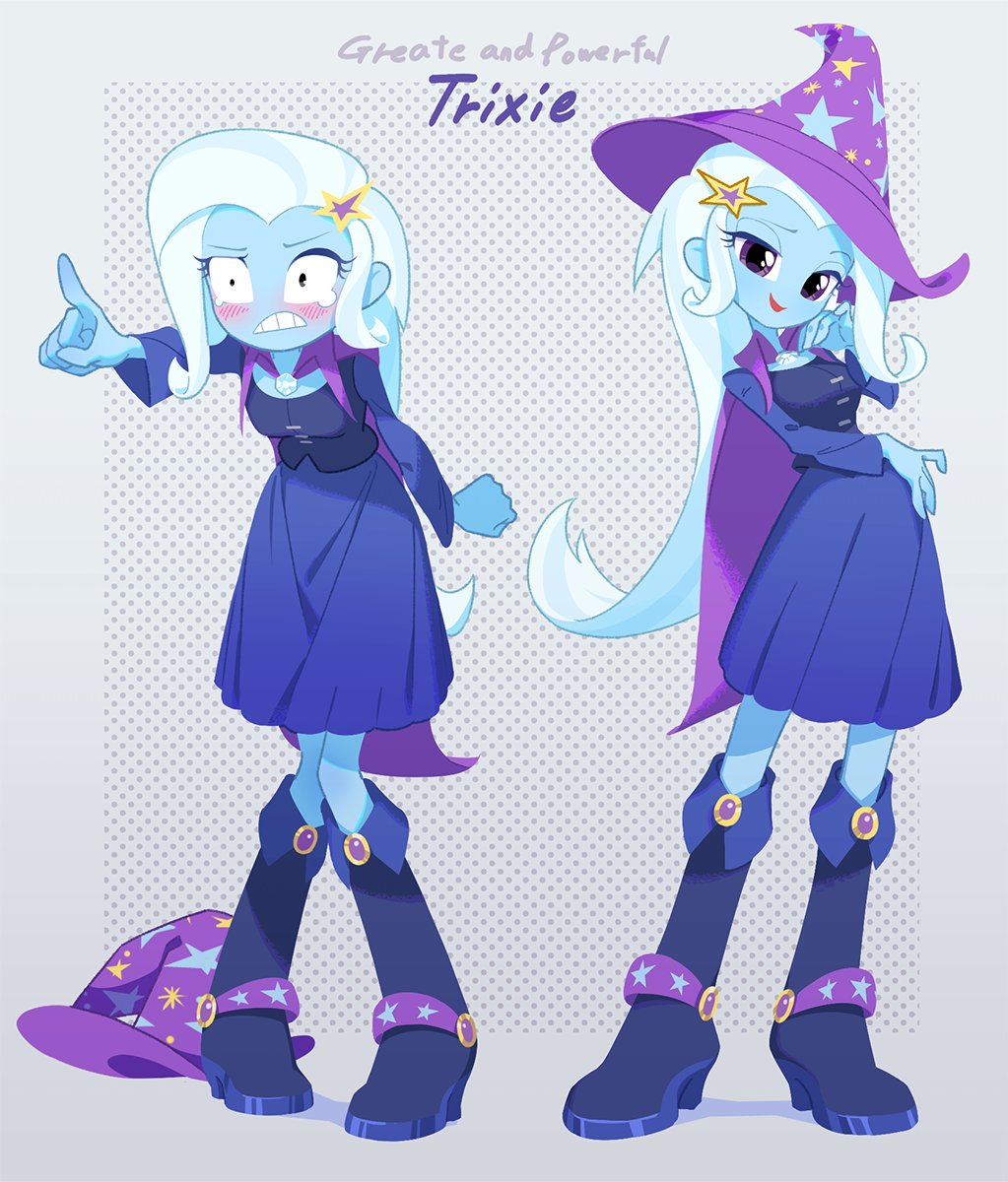 1girl angry arm_up bent_over blue_hair blue_skin blush boots cape character_name clenched_hand colored_skin corset donuttypd dots dress multiple_expressions grey_background hair_ornament hand_up hat head_tilt high_heel_boots high_heels highres knee_boots long_hair long_sleeves looking_ahead looking_at_viewer medium_dress multicolored_hair my_little_pony my_little_pony:_equestria_girls my_little_pony:_friendship_is_magic open_mouth pointing purple_cape purple_corset purple_dress purple_eyes purple_footwear simple_background smile star_(symbol) striped_hair tears teeth trixie_lulamoon trixie_lulamoon_(equestria_girls) very_long_hair