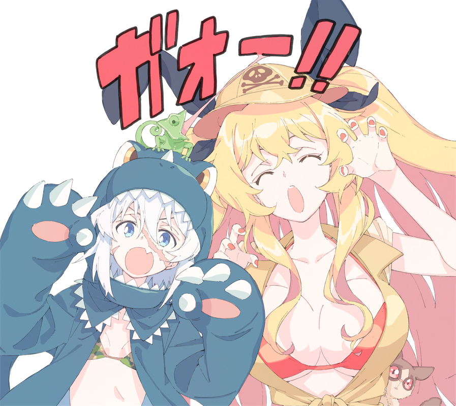 2girls anne_bonny_(fate) bikini bikini_top_only blonde_hair blue_eyes breasts chameleon claw_pose dinosaur_costume closed_eyes fate/grand_order fate_(series) hat large_breasts lemur mary_read_(fate) multiple_girls scar scar_on_face small_breasts swimsuit t-okada white_background white_hair