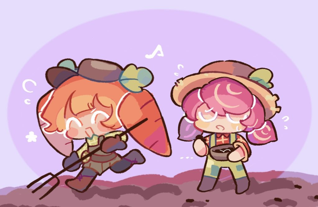 2girls :o ^_^ ankle_boots beet_cookie beet_cookie_(farm_ranger) belt black_belt black_pants boots bowl brown_boots brown_gloves brown_hat carrot_cookie center-flap_bangs closed_eyes collared_shirt cookie_run cookie_run:_ovenbreak dirt dress flying_sweatdrops food-themed_hair full_body gloves green_overalls green_shirt grey_dress hair_between_eyes hashtag-only_commentary hat hat_ornament holding holding_bowl holding_pitchfork leaf_hat_ornament long_hair long_sleeves low_twintails medium_hair multiple_girls musical_note official_alternate_costume official_alternate_hairstyle open_mouth orange_hair overalls pants pink_hair pitchfork plaid_clothes plaid_shirt purple_background red_shirt shirt simple_background sleeveless sleeveless_dress standing standing_on_one_leg star_(symbol) sweatdrop twintails u_u y_songmo