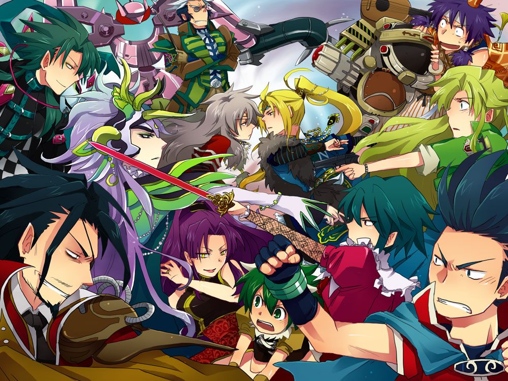 asellus_(saga_frontier) blue_(saga_frontier) blue_eyes breasts commentary_request em_crazy emilia_(saga_frontier) everyone gloves long_hair lute_(saga_frontier) mecha multiple_boys multiple_girls orlouge red_(saga_frontier) riki_(saga) robot rouge_(saga_frontier) saga saga_frontier short_hair t260g_(saga)