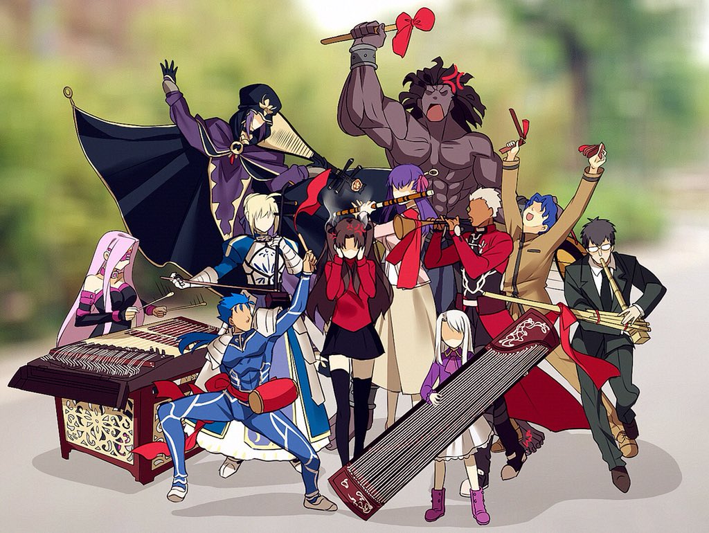 5boys 6+girls ahoge anger_vein archer_(fate) armor armored_dress artoria_pendragon_(fate) bare_shoulders black_gloves black_hair black_legwear black_neckwear black_skirt blazer blindfold blonde_hair blue_bodysuit blue_hair blurry bodysuit boots bow bracer cape child cloak coat collar commentary_request covering_own_ears cu_chulainn_(fate) cu_chulainn_(fate/stay_night) dark-skinned_male dark_skin depth_of_field detached_sleeves dizi dress drum erhu faceless facial_mark fate/stay_night fate_(series) flute forehead_mark formal_clothes gauntlets glasses gloves hair_bow hair_bun hair_ribbon hat heracles_(fate) homurabara_academy_school_uniform hood hooded_cloak instrument jacket kuzuki_souichirou long_hair long_skirt long_sleeves matou_sakura matou_shinji medea_(caster)_(fate) medea_(fate) medusa_(fate) medusa_(rider)_(fate) meme motion_lines multiple_boys multiple_girls music necktie open_mouth pants parody pauldrons pink_boots pink_hair pipa_(instrument) playing_instrument ponytail purple_hair purple_ribbon red_bow red_coat ribbon saber_(fate) school_uniform shirt short_hair shoulder_armor single_hair_bun sitting skirt strapless strapless_dress suit suona tagme thighhighs tohsaka_rin transverse_flute trench_coat trumpet trumpet_boy_(meme) twintails two_side_up white_hair white_shirt white_skirt yaoshi_jun zettai_ryouiki