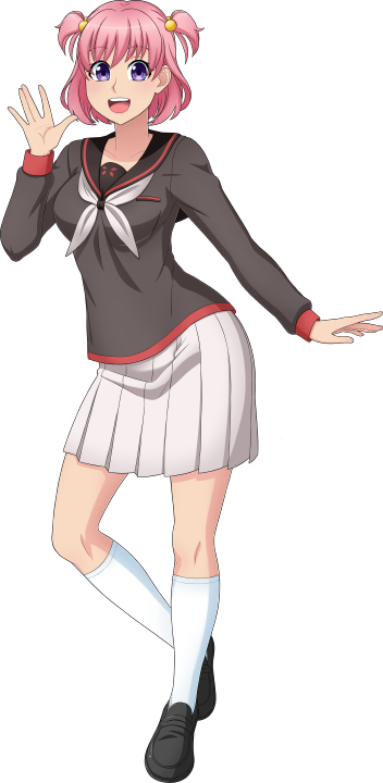 1girl black_shoes breasts collared_shirt commentary english_commentary grey_serafuku hair_ornament kaguya_wakaizumi leg_up looking_at_viewer mulberry_(mulberry_elixir) neckerchief official_art pearl_hair_ornament pink_hair purple_eyes sanpaku school_uniform serafuku shirt shoes short_twintails skirt small_breasts solo striped_clothes teeth thighhighs twintails upper_teeth_only white_neckerchief white_skirt white_thighhighs yandere_simulator zettai_ryouiki