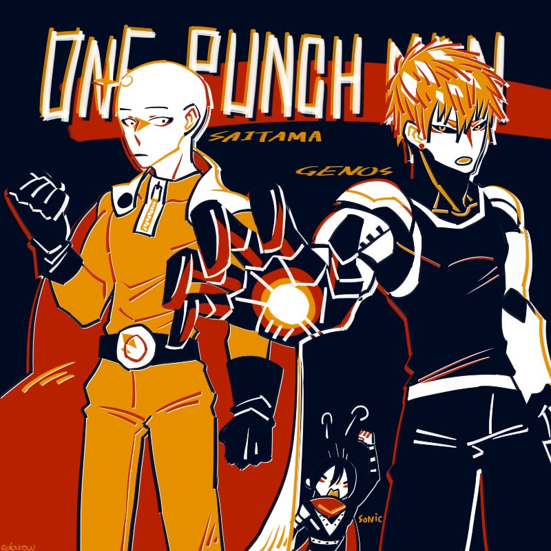 3boys bald black_background black_eyes black_sclera blonde_hair cape colored_sclera cowboy_shot edarow genos gloves looking_at_viewer male_focus mechanical_arms multiple_boys one-punch_man onsoku_no_sonic saitama_(one-punch_man) short_hair superhero_costume yellow_eyes