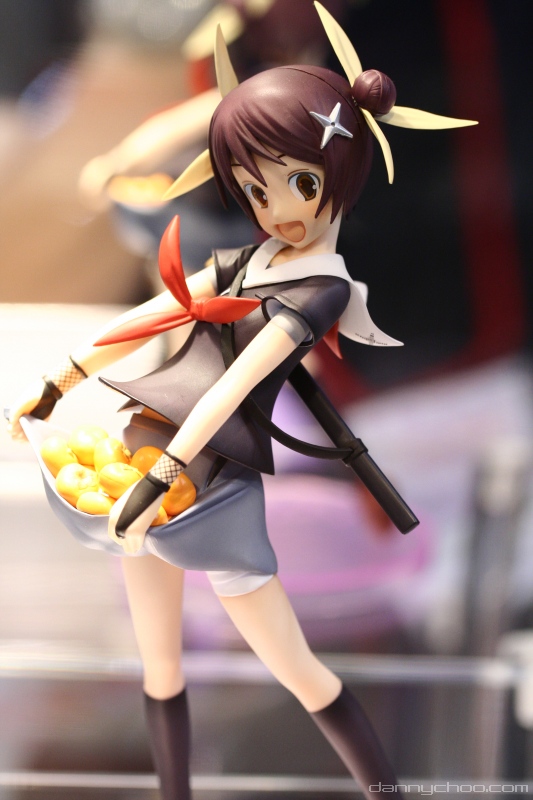 00s 1girl bandages bridal_gauntlets brown_eyes clothes_lift double_bun female_focus figure fishnets food fruit hair_bun hair_ribbon himawari himawari! hinata_himawari holding hyuuga_himawari kneehighs ninja orange_(fruit) photo_(medium) purple_hair ribbon school_uniform serafuku sheath short_hair shuriken skirt skirt_lift socks solo watermark weapon wonder_festival wonder_festival_2007