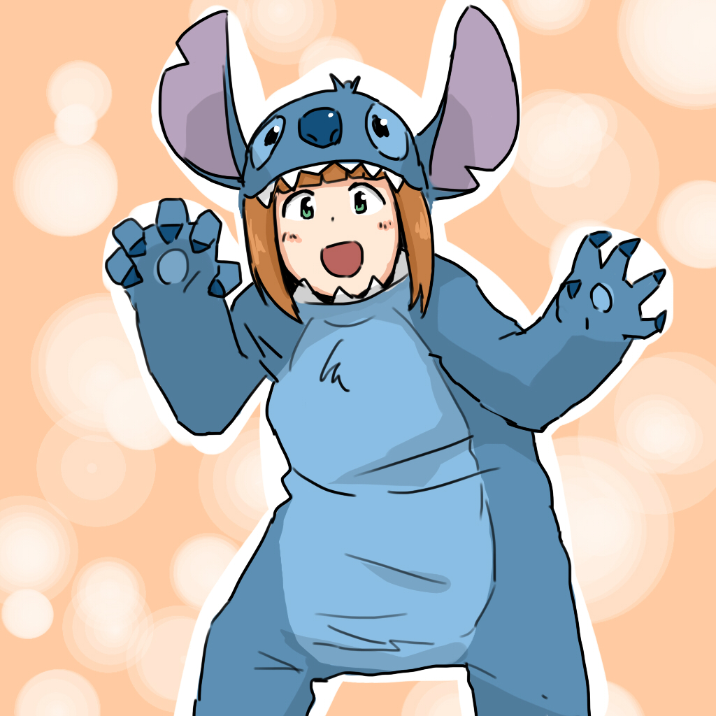 animal_nose annko brown_hair claw_pose costume green_eyes idolmaster idolmaster_(classic) large_ears lilo_&amp;_stitch open_mouth orange_background sidelocks stitch_(lilo_&amp;_stitch) takatsuki_yayoi